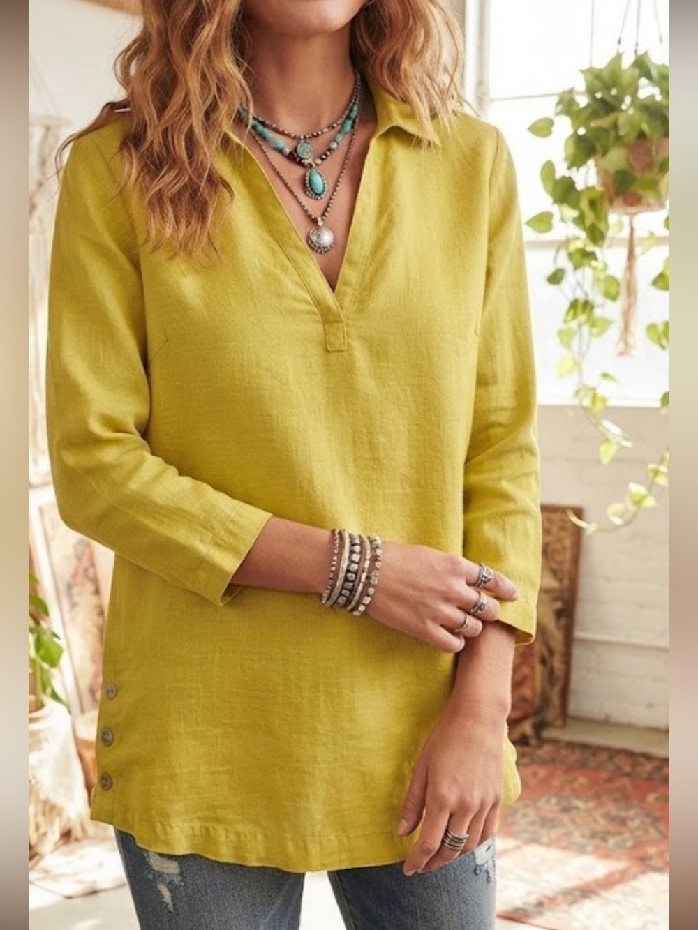 Tahari Yellow Linen Tunic Top S Split V-Neck Popover Lightweight